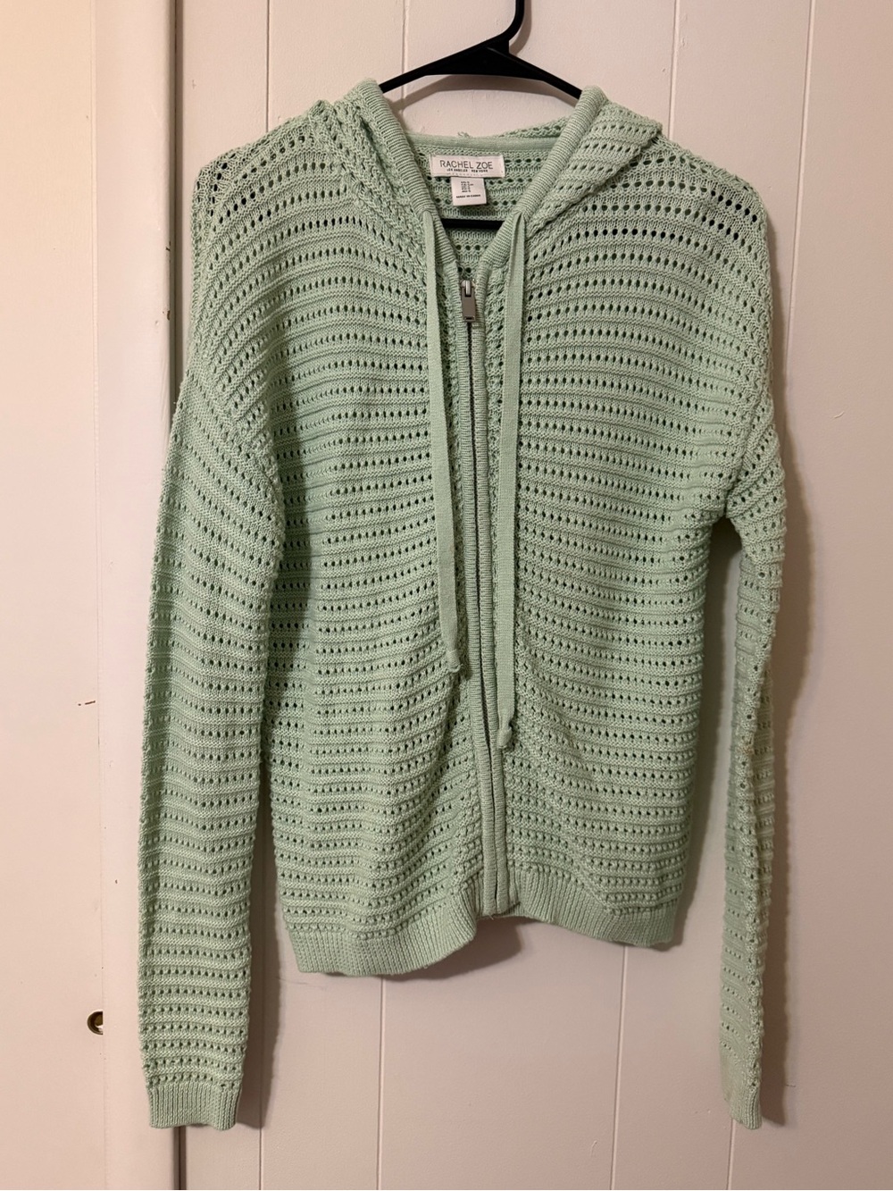 Rachel Zoe Mint Green Open-Knit Hooded Zip Jacket
